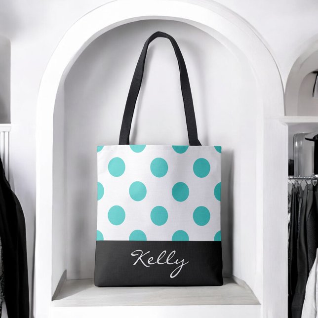 Bolsa Tote Bolinhas de turquesa com monograma (Personalize this attractive tote with any name.)
