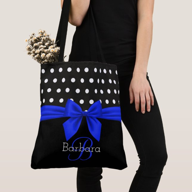 Bolsa Tote Bolinhas Moderna de Script de Monograma Azul Branc (Close Up)