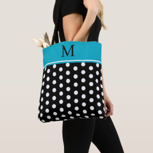 Bolsa Tote Bolinhas Pretas e Brancas com Monograma Azul-Celes