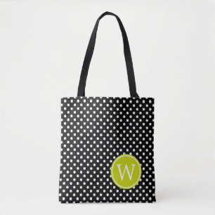 Bolsa Tote Bolinhas preto e branco com monograma do verde