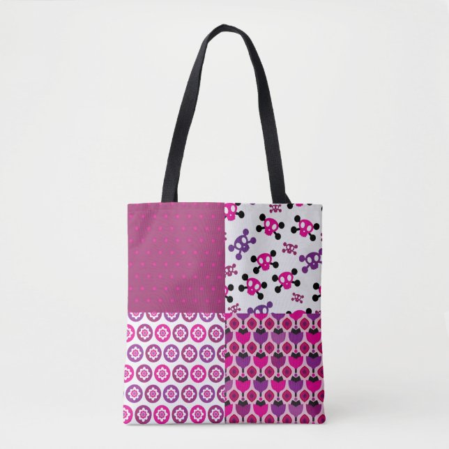 Bolsa Tote Bolinhas retros do crânio da flor (Frente)