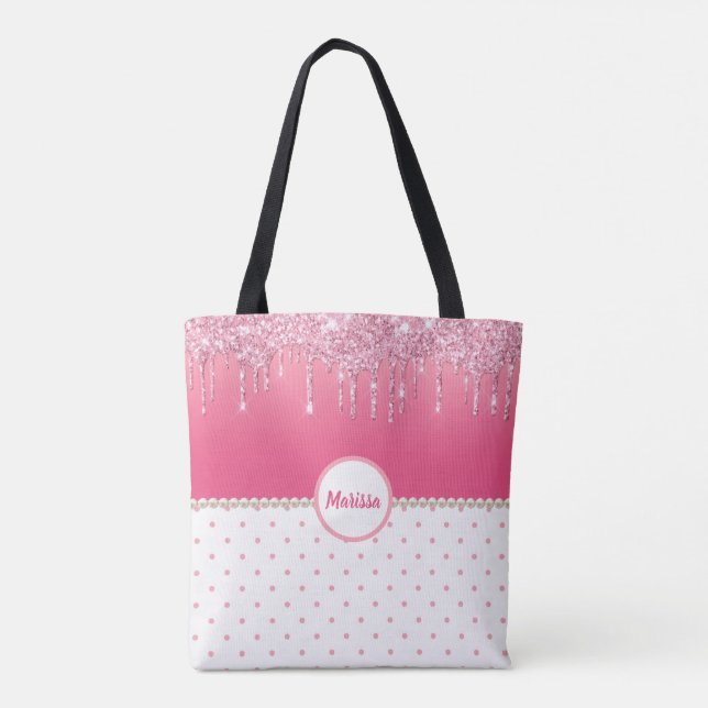 Bolsa Tote Bolinhas Rosa E Glitter De Prata Monogramadas (Verso)