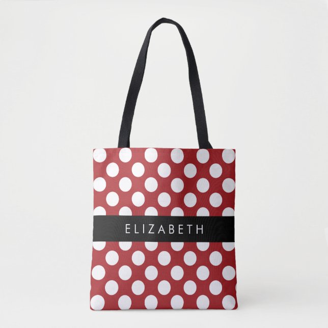 Bolsa Tote Bolinhas Vermelhas, Padrão de Bolinhas, Seu Nome (Frente)