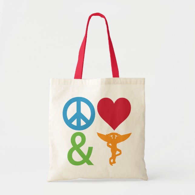 Bolsa Tote Bolsas de paz, amor e quiroprática (Frente)