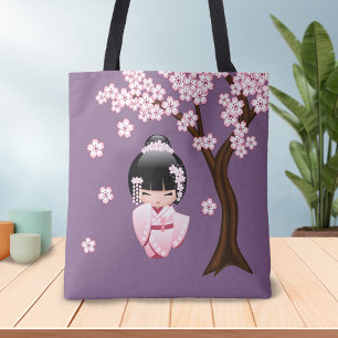 Bolsa Tote Boneca branca de Kokeshi do quimono - menina de
