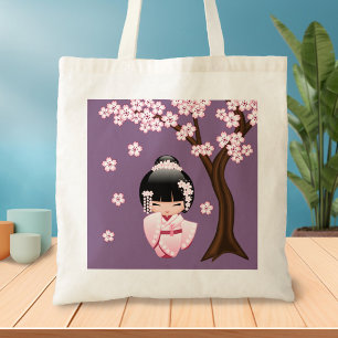 Bolsa Tote Boneca branca de Kokeshi do quimono - menina de