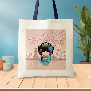 Bolsa Tote Boneca de Keiko Kokeshi - menina de gueixa azul do