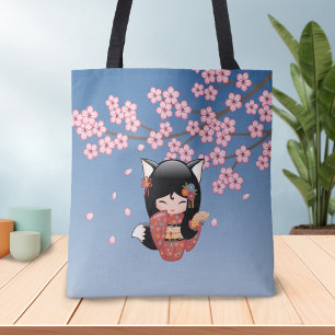 Bolsa Tote Boneca de Kitsune Kokeshi - menina de gueixa do