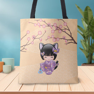 Bolsa Tote Boneca de Neko Kokeshi - menina de gueixa das