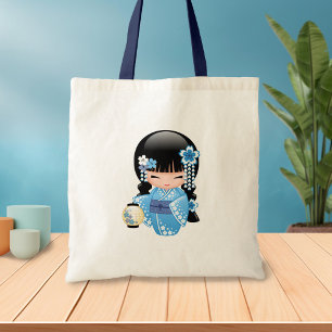 Bolsa Tote Boneca de Winter Kokeshi - Blue Kimono Geisha Girl