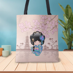 Bolsa Tote Boneca Keiko Kokeshi - Rapariga Kimono Geisha Azul