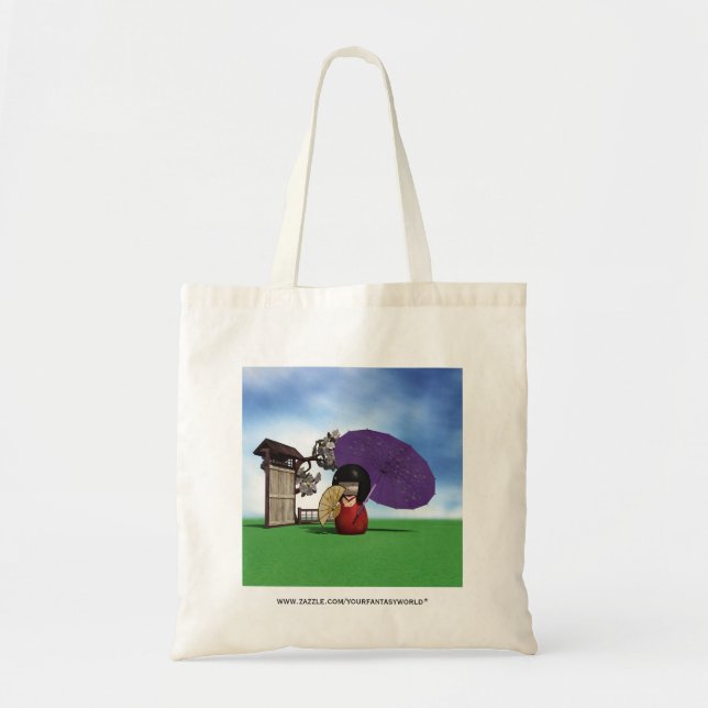 Bolsa Tote Boneca Kokeshi Japonesa Arte de Flor de Cerejeira (Frente)