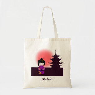 Bolsa Tote Boneca kokeshi japonesa no templo durante o pôr do