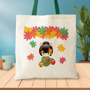Bolsa Tote Boneca Kokeshi verde Kimono Geisha