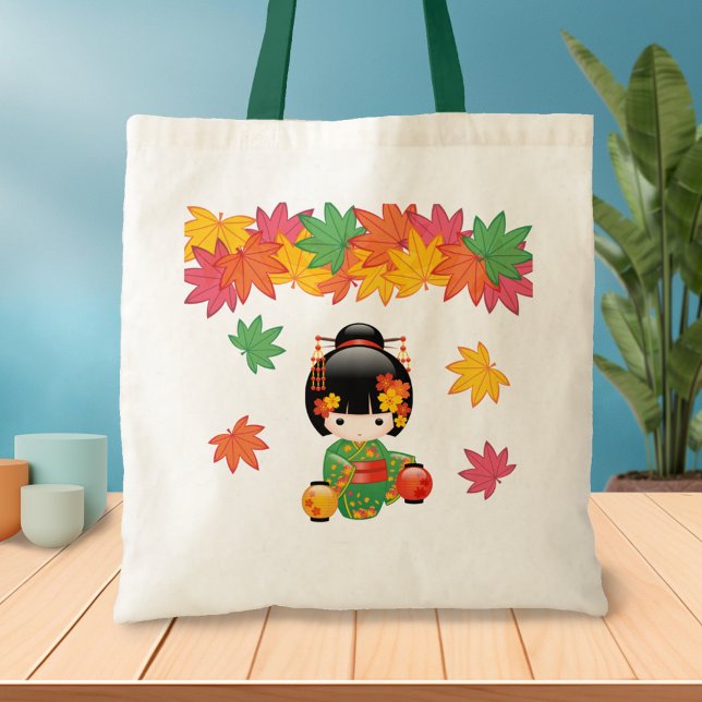 Bolsa Tote Boneca Kokeshi verde Kimono Geisha (Criador carregado)