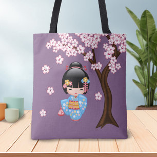Bolsa Tote Boneca Maiko Kokeshi - Menina Kimono Geisha Azul