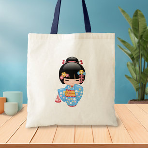 Bolsa Tote Boneca Maiko Kokeshi - Rapariga Kimono Geisha Azul