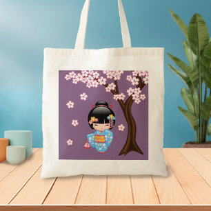 Bolsa Tote Boneca Maiko Kokeshi - Rapariga Kimono Geisha Azul