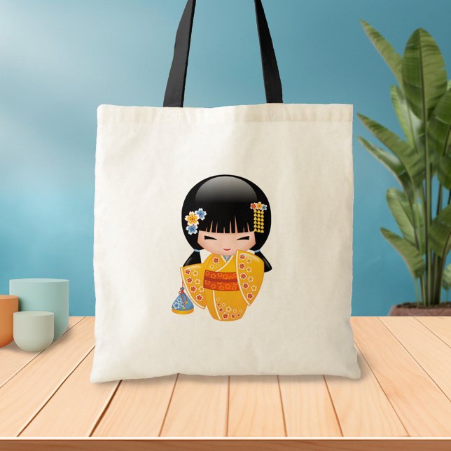 Bolsa Tote Boneca Summer Kokeshi - Garota Yellow Kimono Geish (Criador carregado)