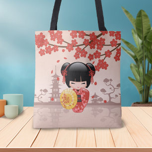 Bolsa Tote Boneca vermelha de Sakura Kokeshi - menina de