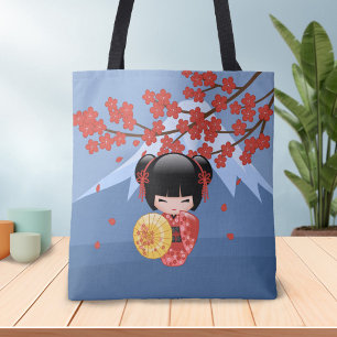 Bolsa Tote Boneca vermelha de Sakura Kokeshi - menina de