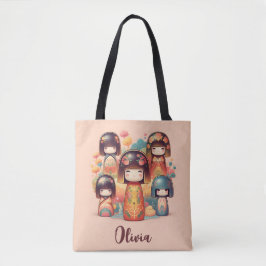 Bolsa Tote Bonecas Kokeshi Adoráveis em Aquarela com Rubor