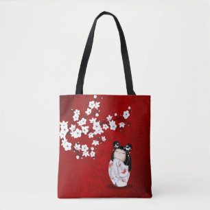 Bolsa Tote Bonecas Kokeshi Vermelho Negro E Cerejeiras Branca