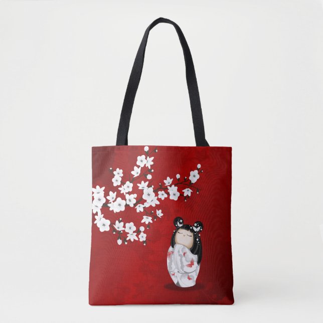 Bolsa Tote Bonecas Kokeshi Vermelho Negro E Cerejeiras Branca (Frente)