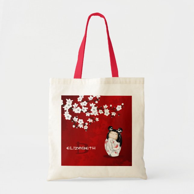 Bolsa Tote Bonecas Kokeshi Vermelho Preto e Cereja Branca T (Frente)