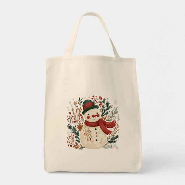 Bolsa Tote Boneco de Neve com Chapéu Verde e Cachecol Vermelh (Frente)