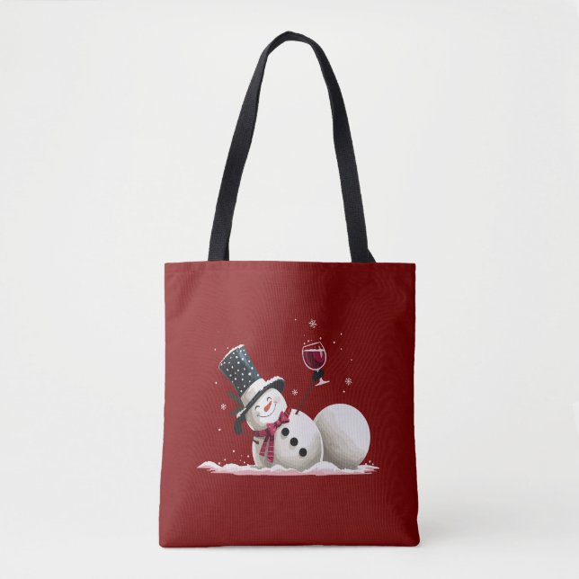 Bolsa Tote Boneco de Neve Com Presente de Natal com Vinho Fér (Frente)