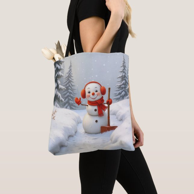 Bolsa Tote Boneco de Neve com uma Pá Vermelha (Close Up)