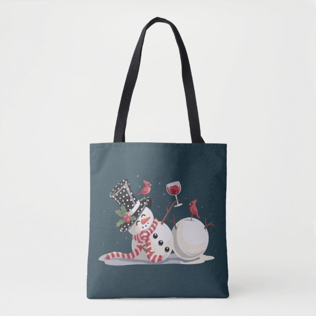 Bolsa Tote Boneco de Neve de Natal com Presente de Vinho Bebe (Frente)