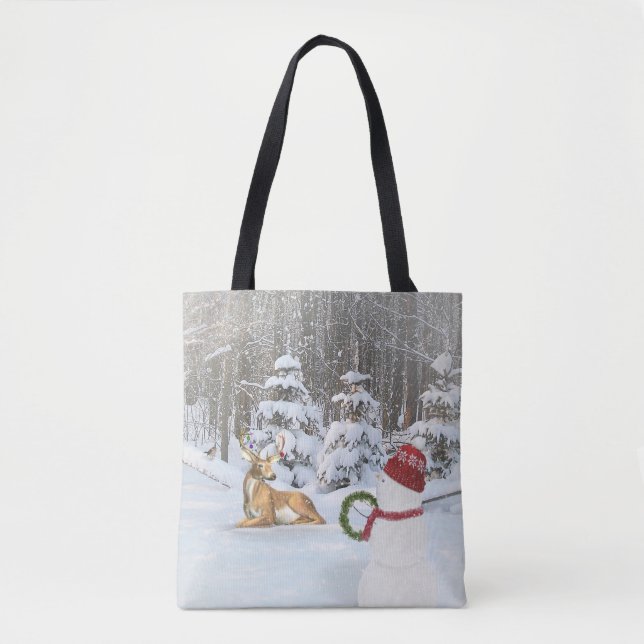 Bolsa Tote Boneco de neve de Natal e veado (Frente)