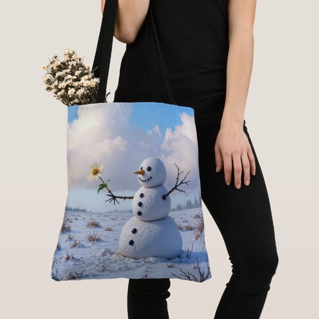 Bolsa Tote Boneco de Neve Segurando uma Margarida Branca (Close Up)
