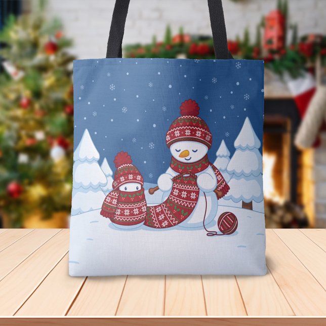 Bolsa Tote Boneco de Neve Tricotando Cachecol de Natal (Criador carregado)