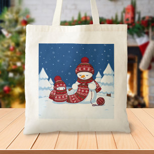 Bolsa Tote Boneco de Neve Tricotando Cachecol de Natal