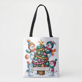 Bolsa Tote Bonecos de Neve Decorando a Árvore de Natal Nome C