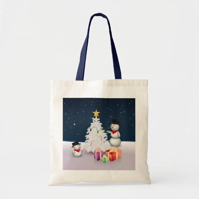 Bolsa Tote Bonecos de Neve Fofos com Árvore de Natal (Frente)