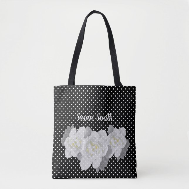 Bolsa Tote Bonita Bolinhas branca escura-escura, flor branca (Frente)