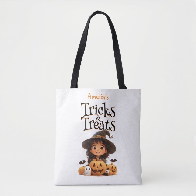 Bolsa Tote Bonita Bruxa de Cartoon Fantasmas Pumpkins Trick & (Frente)
