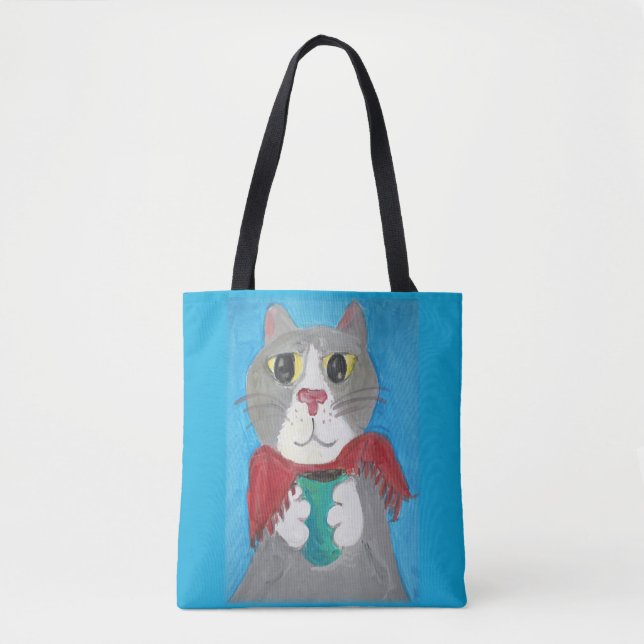 Bolsa Tote Bonita Cinza Café Gato de Pintura Foliar (Frente)