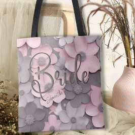 Bolsa Tote Bonita Cinza Rosa 3D Poppies Floral Noiva