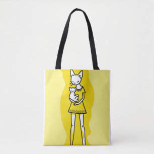 Bolsa Tote "Bonita Garota de Cartoon em Vestido Segurando Gat