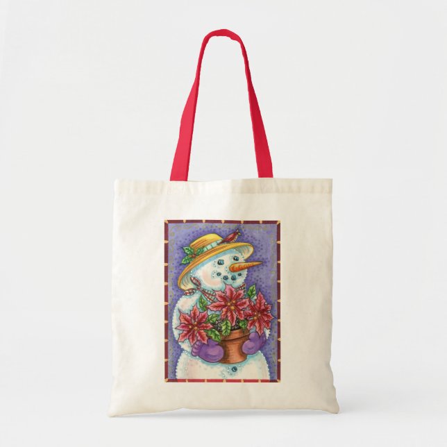 Bolsa Tote Bonita Garota de Natal Snowman com Poinsettia (Frente)