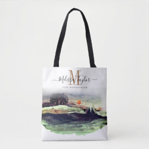 Bolsa Tote Bonita Montanha de Aquarela e Monograma de Árvores