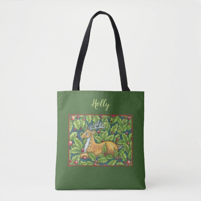 Bolsa Tote Bonita Reindeer de Natal em Floresta com Holly (Frente)