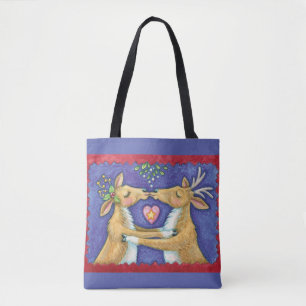 Bolsa Tote Bonita Reindeer de Natal, Romântico Beijo w Mistle