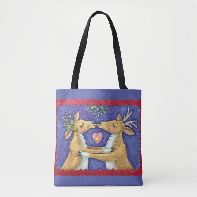 Bolsa Tote Bonita Reindeer de Natal, Romântico Beijo w Mistle (Frente)