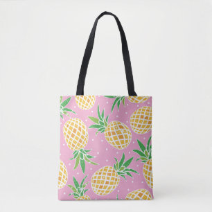 Bolsa Tote Bonito abacaxi no fundo das bolinhas cor-de-rosa